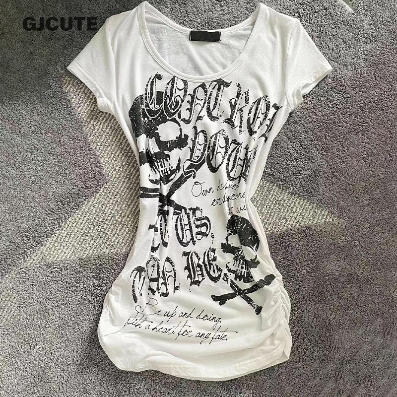 Gjcute อเมริกันแฟชั่นพิมพ์รอบคอแขนสั้นเอว Slim เสื้อยืดสําหรับผู้หญิง WTD