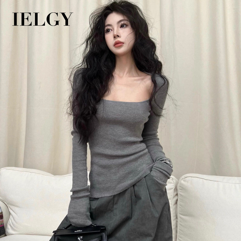 IELGY เสื้อยืดแขนยาวคอยูกํามะหยี่เยอรมันสําหรับผู้หญิงสีทึบสลิมฟิตด้านบน