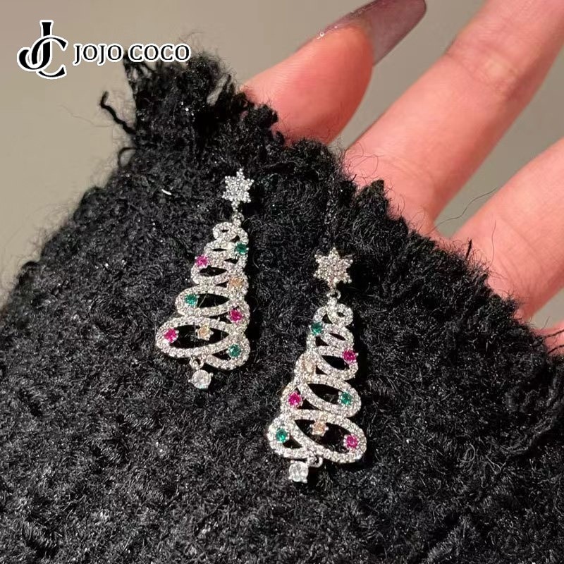 Jojo COCO สีสันเพทายต้นคริสต์มาสต่างหูจี้ยาวสําหรับผู้หญิงของขวัญคริสต์มาส