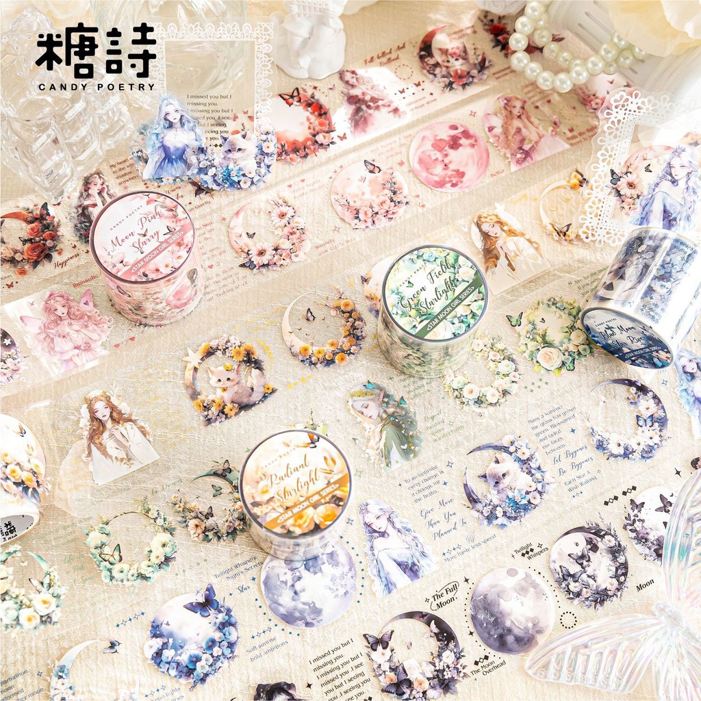 Sugar Poetry PET เทปหมึกสีขาว Star Moon Girl Series Retro Fantasy Girl Goo Card คู่มือสติกเกอร์ตกแต่งพื้นหลัง