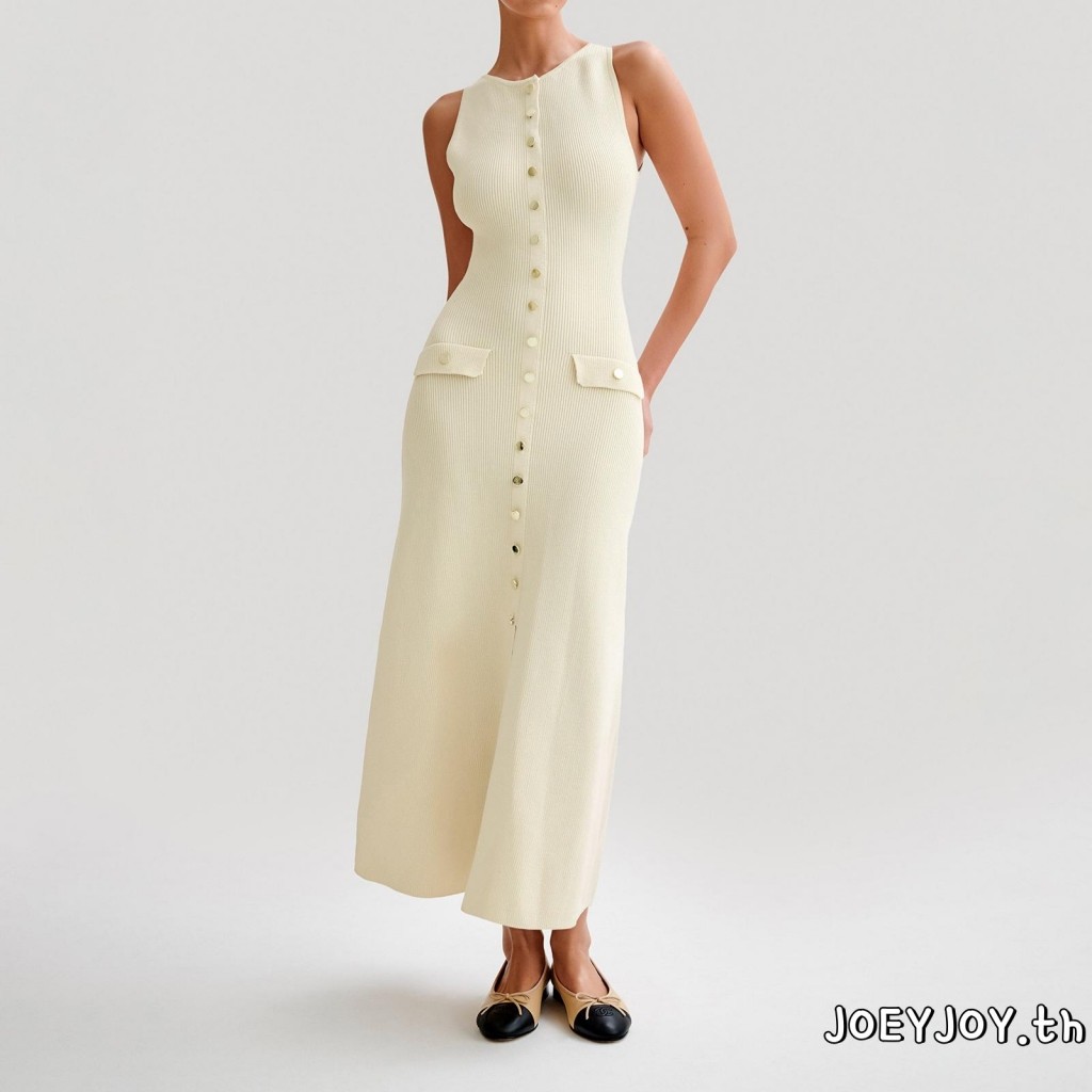 Joeyjoy-เดรสไหมพรมผ้าร่องผู้หญิงelegant Slimแขนกุดปุ่มลงชุดยาวแยก