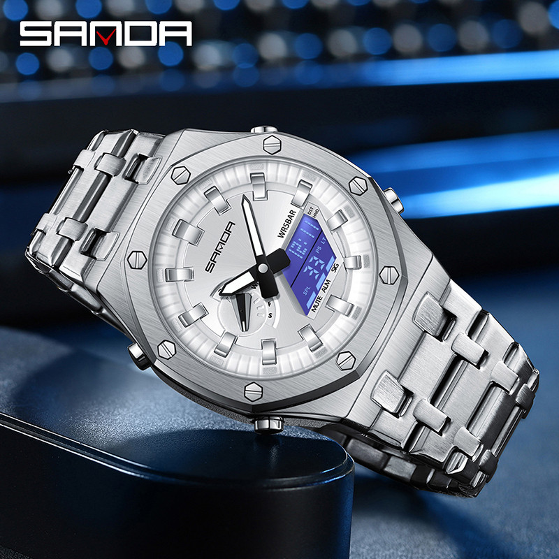 Sanda ใหม่ Steel Strip Series ธุรกิจแฟชั่นกันน้ําส่องสว่างอิเล็กทรอนิกส์นาฬิกาผู้ชาย SD3357-9