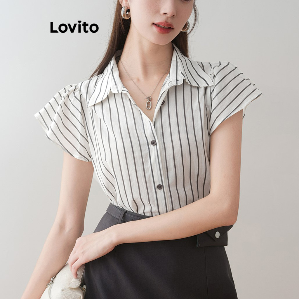 Lovito เสื้อเบลาส์กระดุมหน้าลายทางหรูหราสำหรับผู้หญิง L100MD149