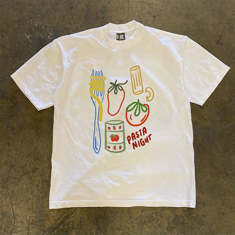 (จัดส่งตลอด 24 ชั่วโมง）OOOK Official เสื้อยืดแขนสั้นผู้หญิงสไตล์เกาหลี ลายกินพาสต้า เสื้อยืดโอเวอร์ไซส์ ฝ้ายบริสุทธิ์
