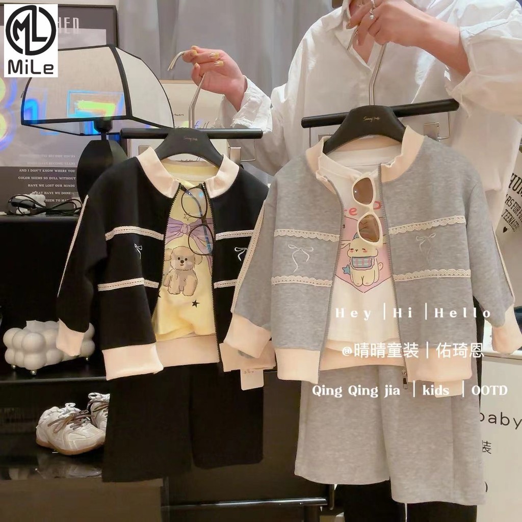 [มล] 90-170ซม สาวฤดูใบไม้ร่วงสูทเวอร์ชั่นเกาหลีกุทัณฑ์สีทึบชุดเด็กกลางเด็กใหญ่ชุดสองชิ้น