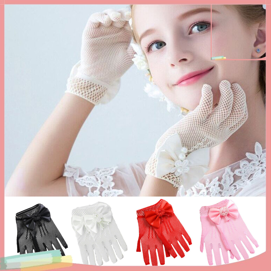 [ST]1 คู่ถุงมือเด็ก Hollow Out ตาข่าย Bow Decor Faux Pearl ห้านิ้ว Photo Prop บาง Breathable ถุงมือแต่งงานอุปกรณ์เสริมเสื้อผ้า