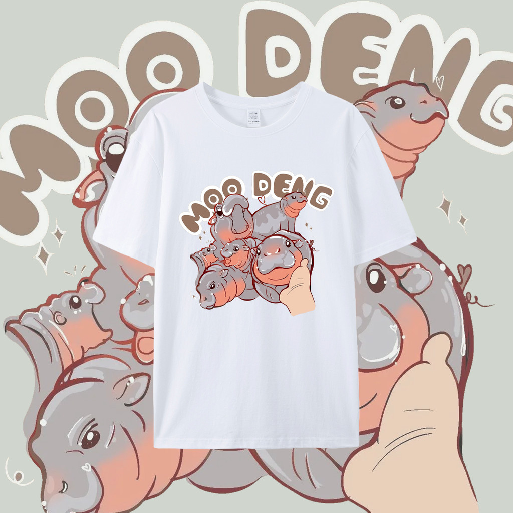2024 เสื้อหมูเด้ง ขาหมู แอนด์เดอะแก๊ง Moodeng hippo T-Shirt ผ้าCotton 100% ใส่สบาย ไม่หด ไม่ย้