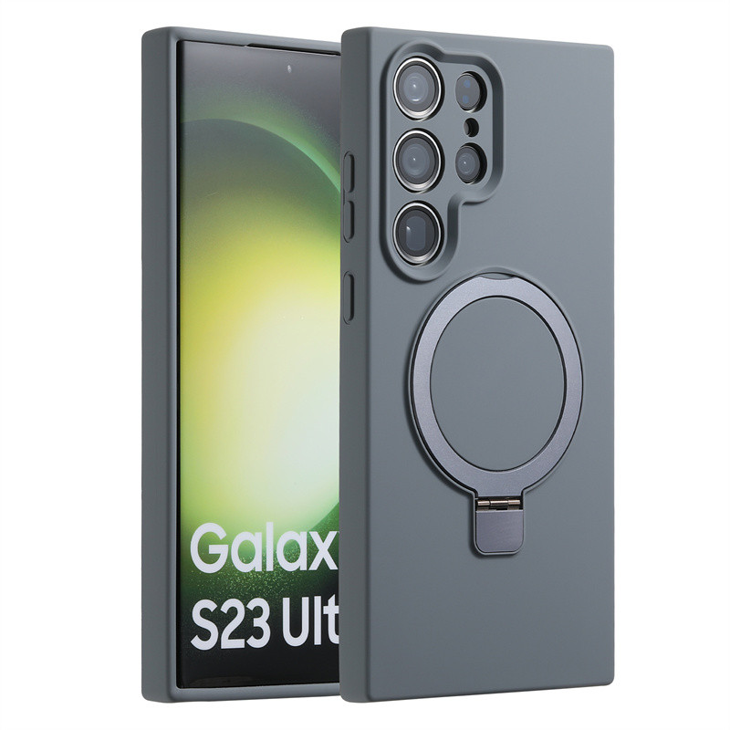 SAMSUNG สําหรับsamsung galaxy S23 S24 Plus Ultraใหม่ซิลิโคนเหลวเคสโทรศัพท์แม่เหล็กS24UltraสีทึบFrostedพราวขาตั้งโลหะฝาครอบโทรศัพท์TPUนุ่ม