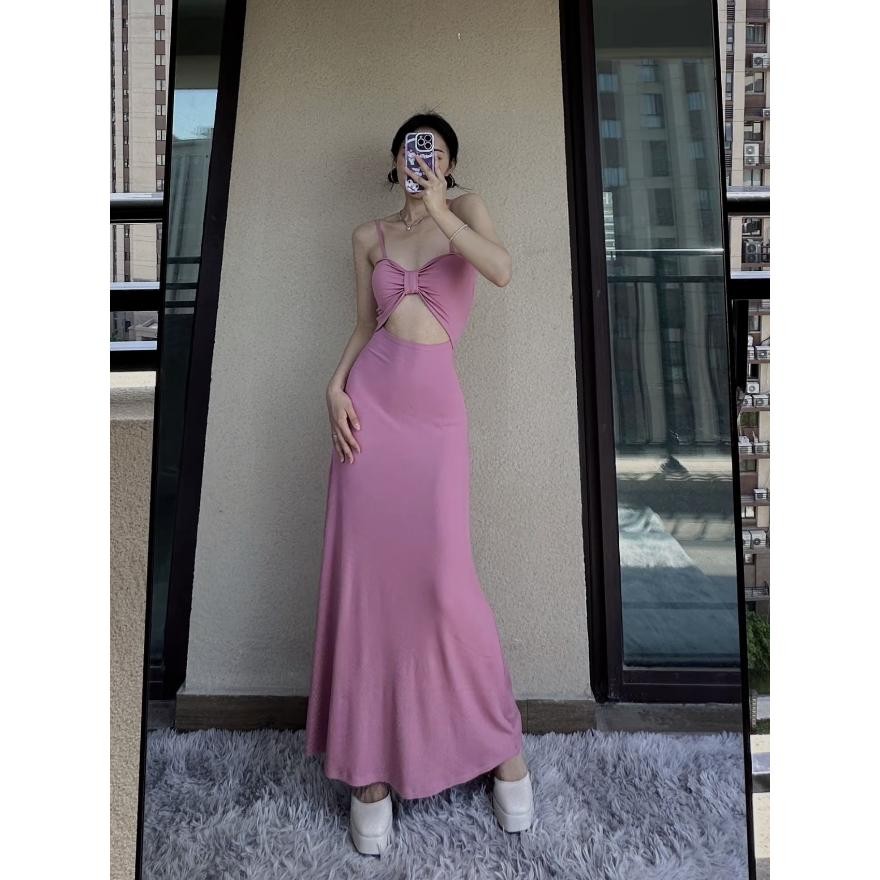 เดรสรัดรูป แฟชั่น คล้องคอ เปิดหลัง น่ารัก ออกงาน เรียบหรู ชุดราตรี ไปทะเล ผู้หญิง เดรส สายเดี่ยว ยาว เดรสสีชมพู XXL