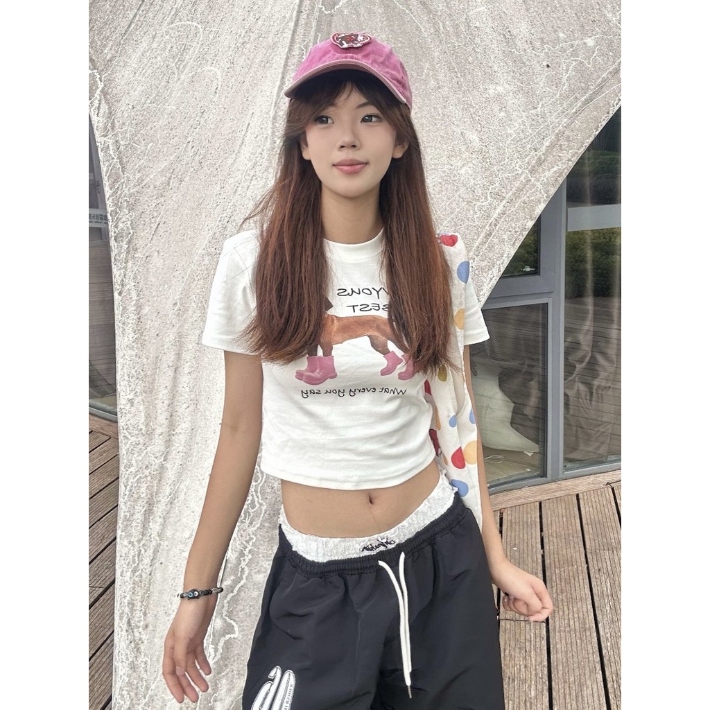 (จัดส่งตลอด 24 ชั่วโมง）OOOK Official baby tee เสื้อเบบี้ทีลายวน เสื้อครอปท็อป แขนสั้น พิมพ์ลายหัว