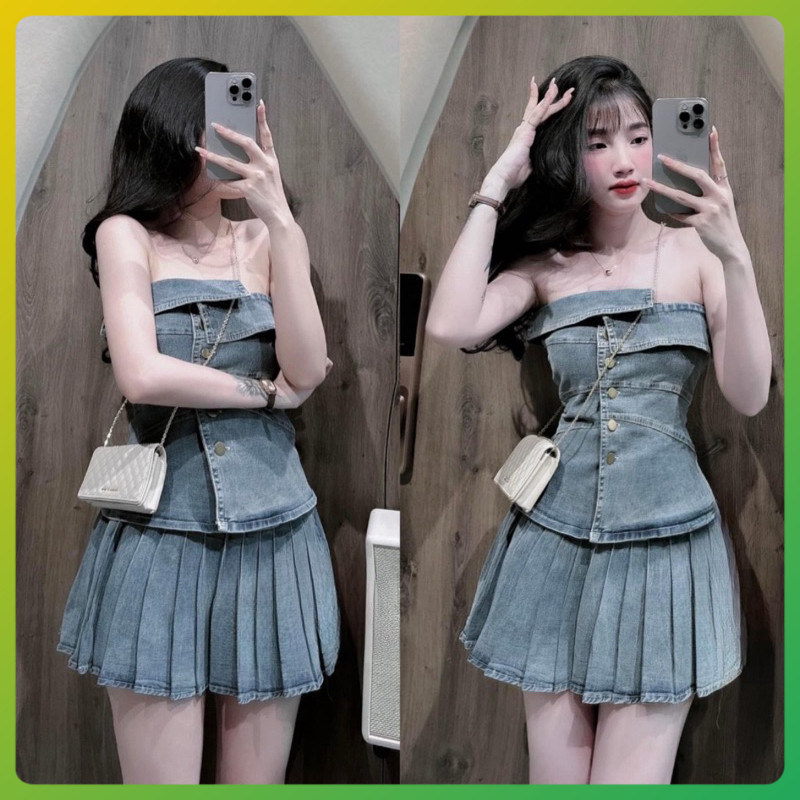 Set เสื้อคาวบอยติดกระดุมและกระโปรงยีนอัดพลีท CHADAVI - G183
