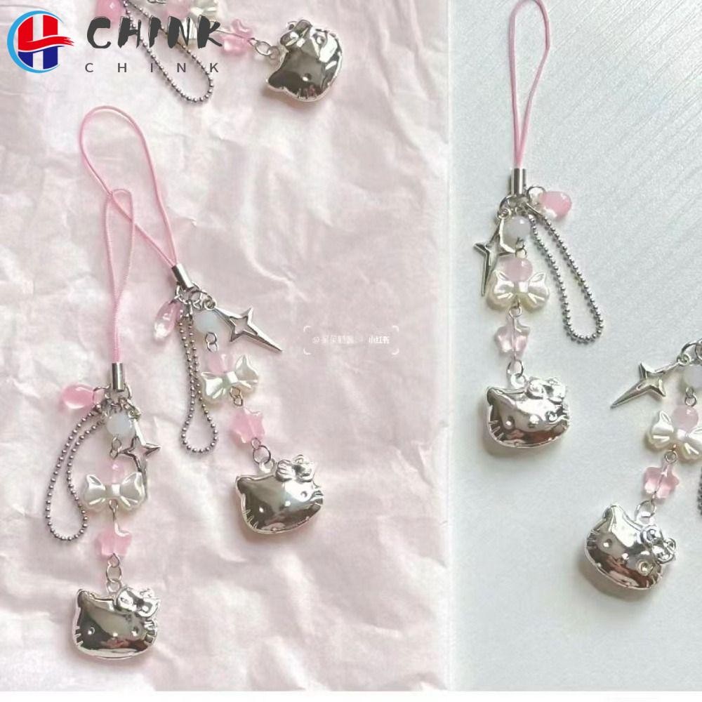 Chink ลูกปัด,แมวอะนิเมะจี้โทรศัพท์มือถือเชือก,DIY Handmade ลูกปัด Strand Choker สีชมพูพวงกุญแจโทรศัพท์ Charm พวงกุญแจ