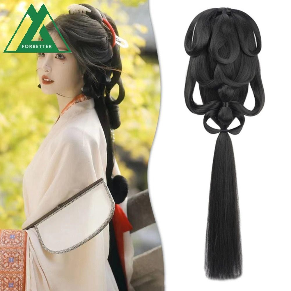 Forbetter ผู้หญิง Hanfu วิกผม, Hairpiece ยาวตรงจีนโบราณวิกผม, Gentle Headdress แบบดั้งเดิมขี้เกียจเครื่องแต่งกายวิกผมแบบบูรณาการผม Bun เจ้าหญิงคอสเพลย์