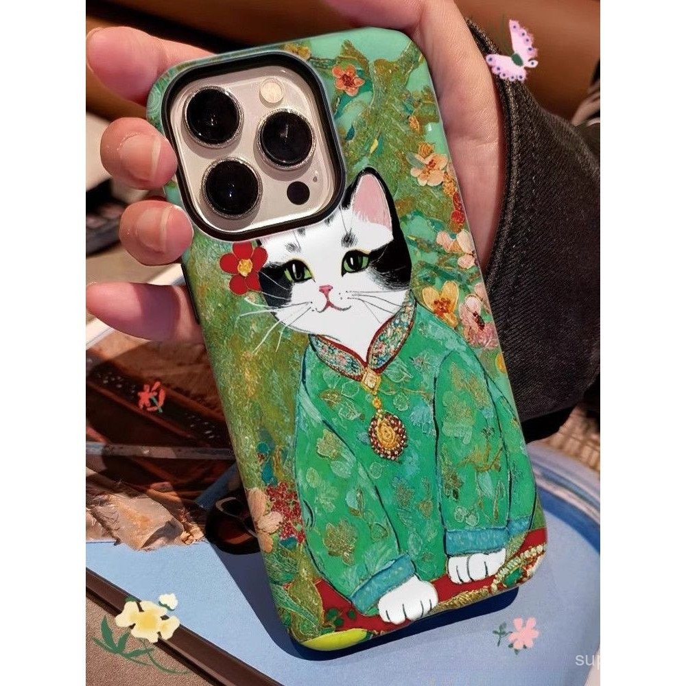 เคสโทรศัพท์มือถือทูอินวันเคสแข็งภาพวาดสีน้ำมันสีเขียวย้อนยุคบุคลิกภาพแมวสำหรับ iPhone 14PROMAX 13PROMAX 14 15 16 PRO MAX 12 11 PRO MAX XS XR 8PLUS 15pro 14Pro เปลือกกันกระแทกด้าน