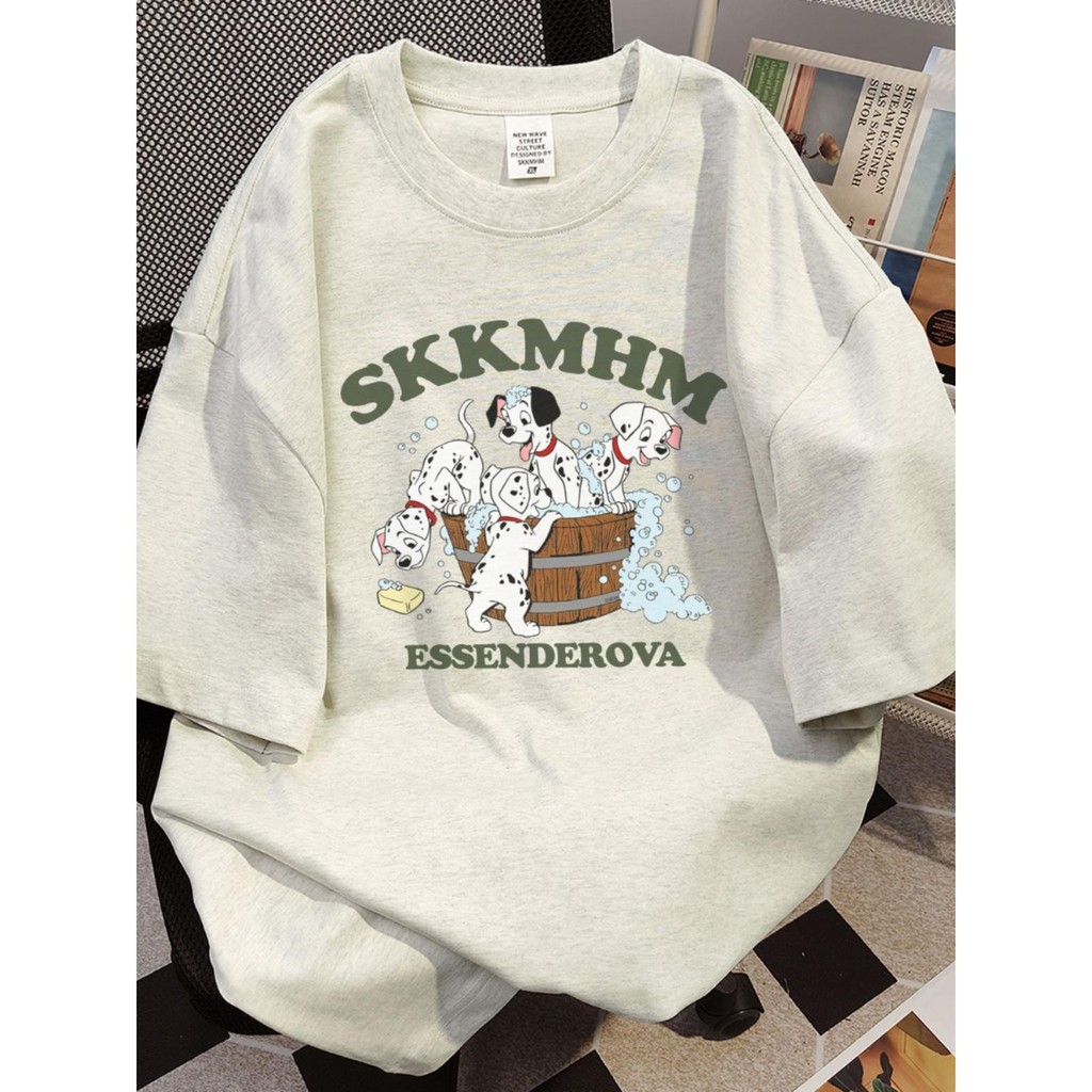 เกาหลี เสื้อแบบดารา เสื้อยืดแขนสั้น CMDXY1403 ผู้ชาย ผู้หญิง ลายทาง ตัวอักษร หลวม ลายสกรีน ฤดูร้อน ฤดูใบไม้ผลิ