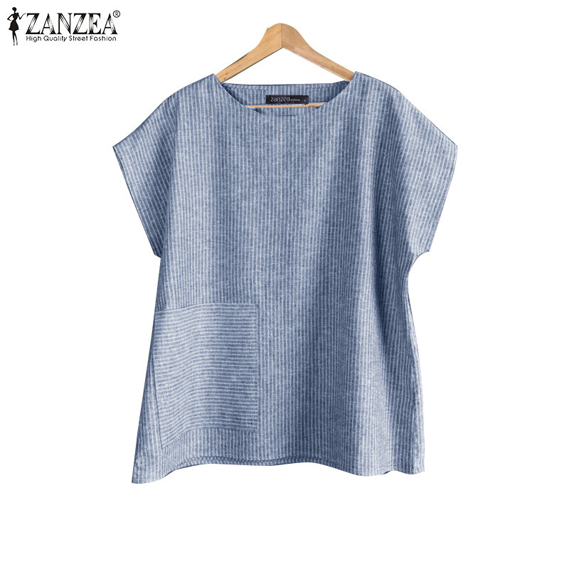 ZANZEA ซานเซีย ผู้หญิงเกาหลีลําลองรอบคอวางไหล่แขนสั้นลายเสื้อ