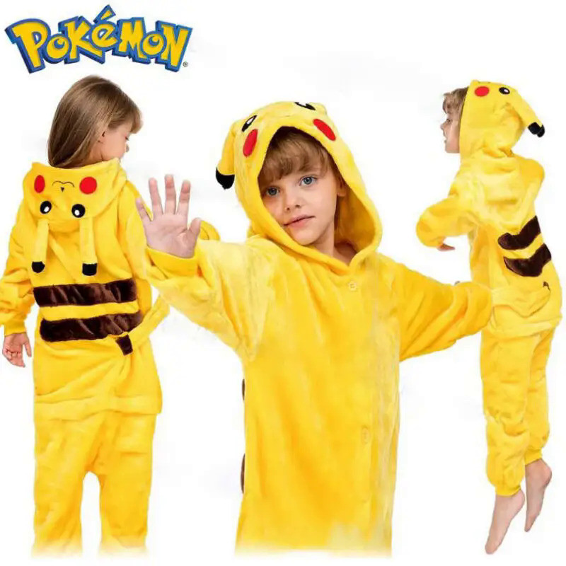 New Anime Pikachu Plush Flannel Pajamas Cartoon Pokemon Costume Suit Long Sleeved Winter Soft Warm H