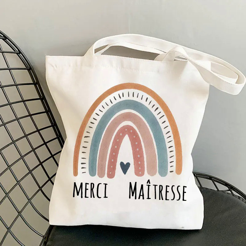 Merci Teacher French Print Pattern Teacher's Gift Women Canvas Shopping Bag Harajuku Women's Shoulde