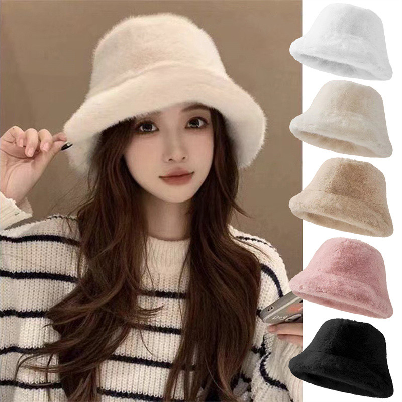 หมวกฤดูหนาวสําหรับผู้หญิงfaux Fur Fluffyหมวกสําหรับผู้หญิงLuxury PlushหมวกThickenหิมะขนาดใหญ่Fur Bucketหมวกนุ่มปานามาหมวก