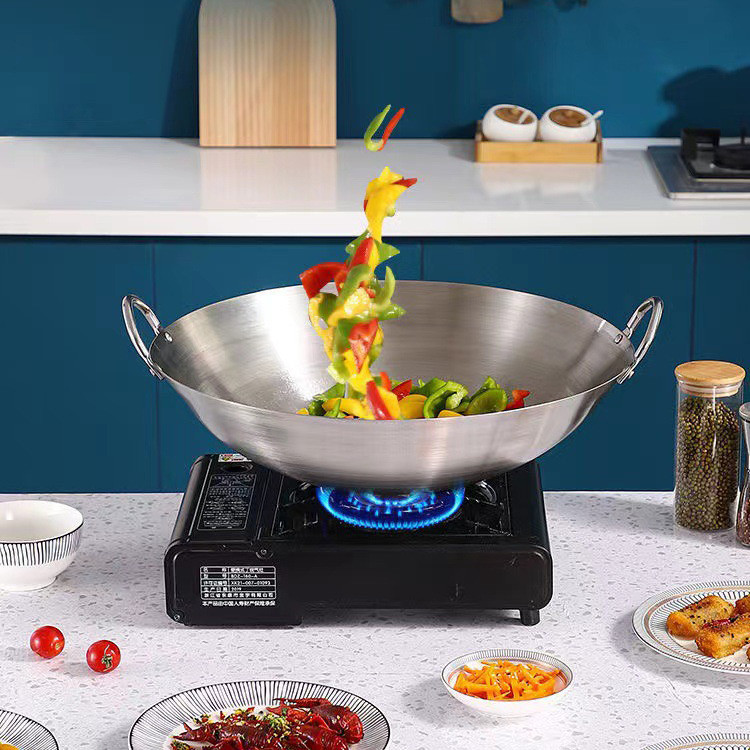 กระทะสแตนเลสเกรดอาหาร กระทะหูคู่หนาในครัวเรือน กระทะก้นกลม ไม่เคลือบ 30ซม.-50ซม. หม้อพิเศษสำหรับโรงอาหารในครัวของโรงแรม - รูปที่ 5