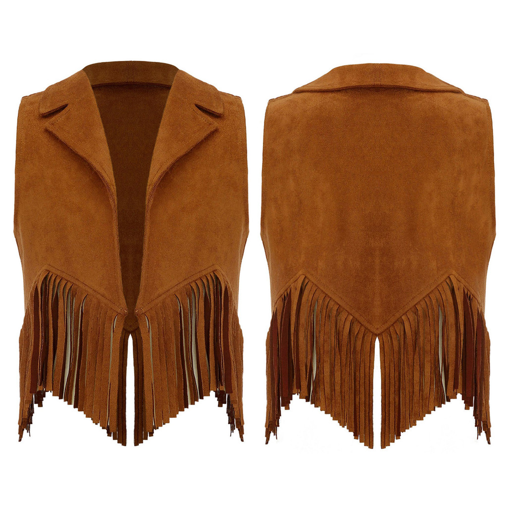 Kvysinly Girl Western คาวบอยคอสเพลย์เครื่องแต่งกาย Suede เปิดด้านหน้า Tassels Fringe เสื้อกั๊กฮาโลวีนบทบาทเล่นคาวบอยเครื่องแต่งกาย