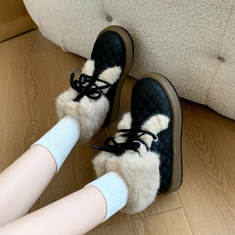 รองเท้าบูทผู้หญิงแฟชั่นเกาหลีรอบนิ้วเท้าแบนผูกเชือกท่อสั้นบวกกำมะหยี่รองเท้าหิมะที่อบอุ่นขนาด35-40 - รูปที่ 2