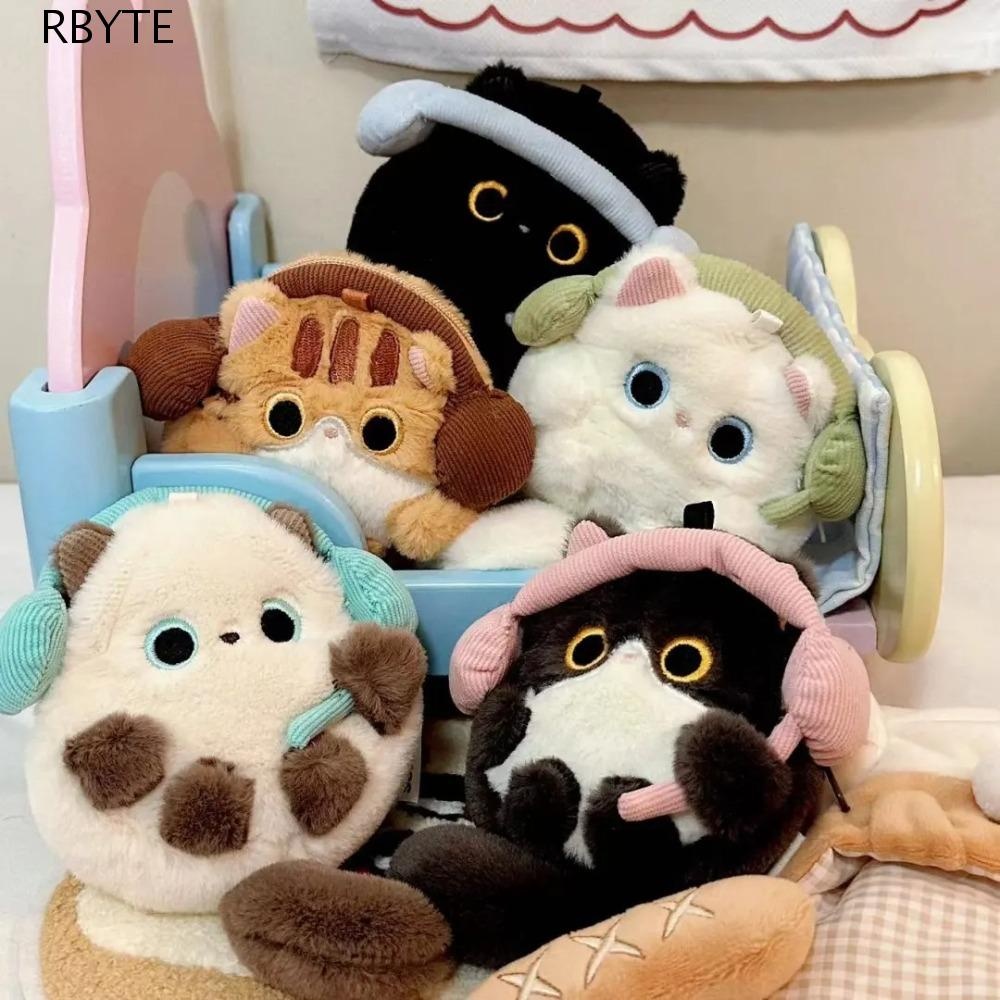 Rbyte สีดําแมวหูฟังกระเป๋า,นุ่มโล่อัศวินแมวตุ๊กตาหูฟังกระเป๋า,กระเป๋ากุญแจแบบพกพาน่ารัก Silly Black Cat พวงกุญแจตุ๊กตาผู้หญิง