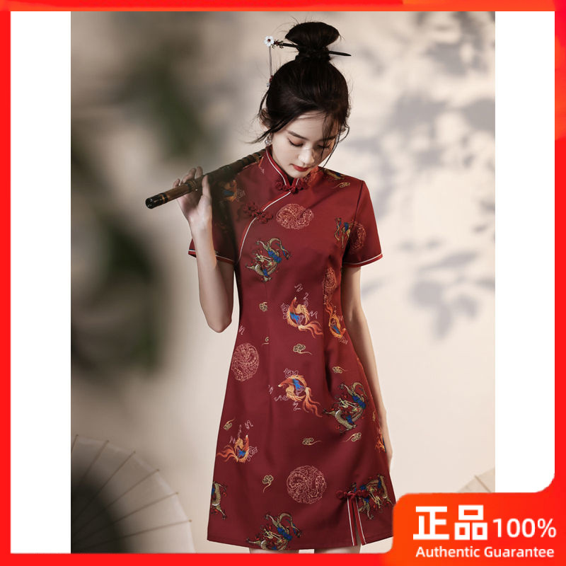 [Hmyy] จุด ~ Cheongsam รุ่นปรับปรุงสีแดงหนุ่มสาวฝรั่งเศสย้อนยุคสไตล์จีนชุดสั้น