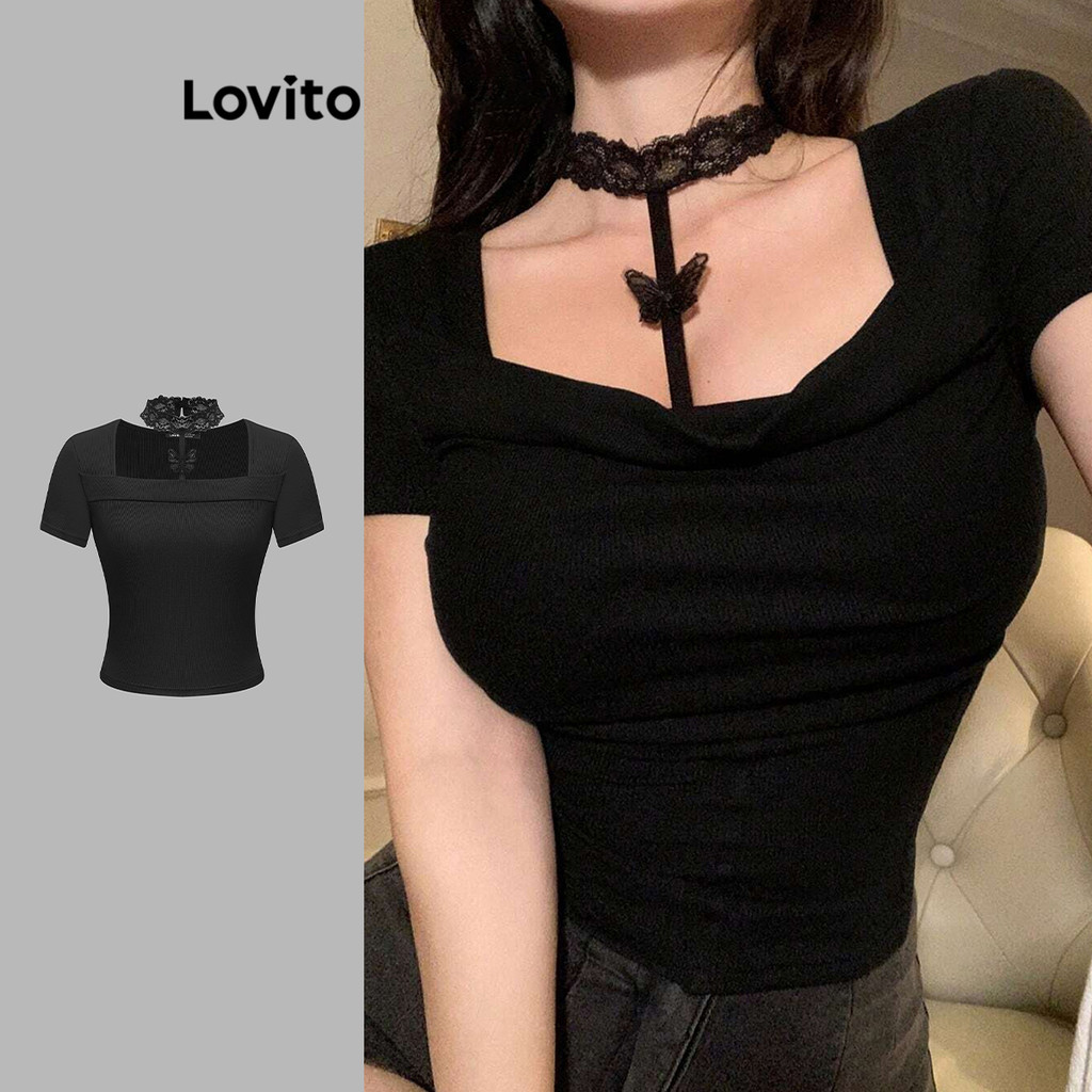 Lovito เสื้อยืดลายผีเสื้อลูกไม้ธรรมดาน่ารักสำหรับผู้หญิง L106AD404