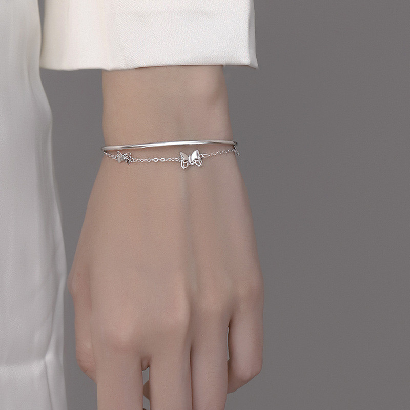 ส925 เงินสเตอร์ลิงสร้อยข้อมือผีเสื้อคู่เครื่องประดับแฟชั่นที่เรียบง่ายของขวัญนักเรียนหญิง