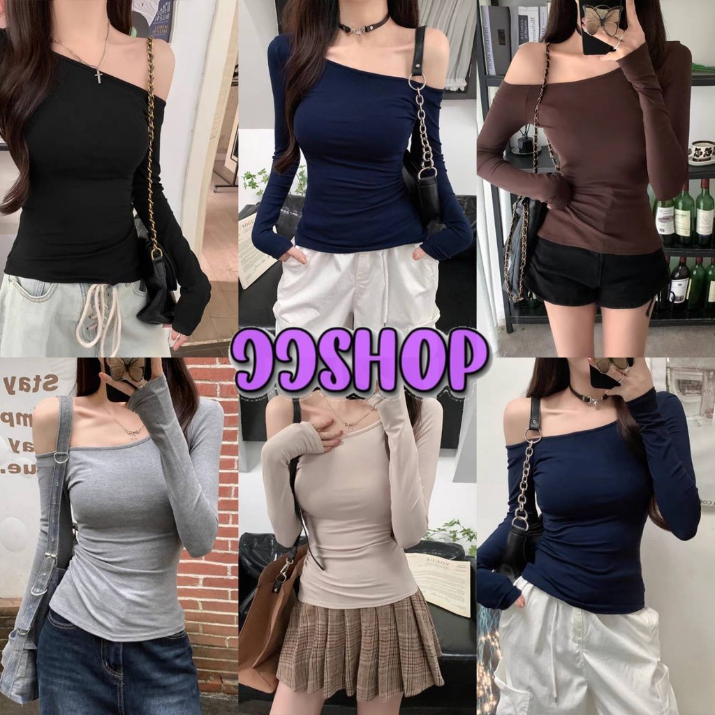 JJ Shop​💜​พร้อมส่ง เสื้อเปิดไหล่แขนยาว ผ้านิ่มทิ้งตัว คาวาอี้ยืดตามตัว "FY789"