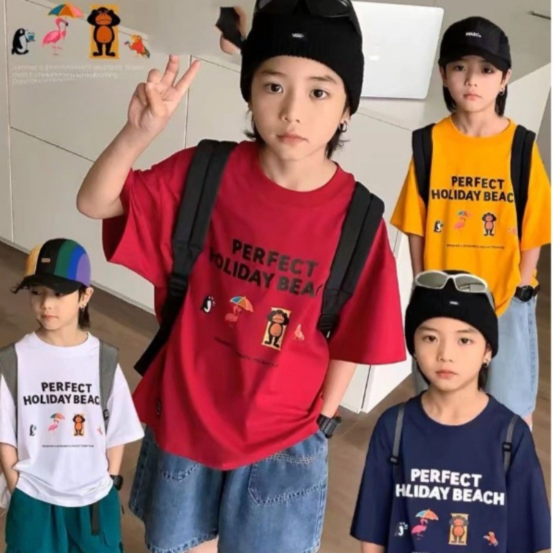 Kid T เสื้อ(15-50kg) Boy ผ้าฝ้าย 100% การ์ตูนพิมพ์เสื้อหลวมบางแขนสั้นเสื้อยืดฤดูร้อนแฟชั่น Tops