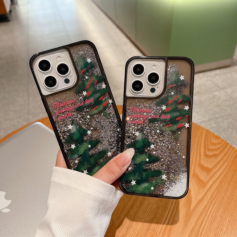 เคสโทรศัพท์ต้นคริสต์มาสเข้ากันได้ไอโฟน16โปรแม็กซ์ ด้านบนล่างสมมาตร14มือโปรต้นคริสต์มาสไอโฟน13กรณีแววแอปเปิ้ล15ใสสีดํากรณีของเหลวกรณีป้