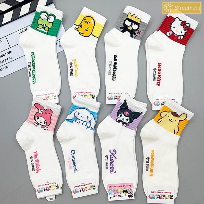 {Streamers} Hello Kitty Medium Tube Socks Kuromi การ์ตูนสัตว์ถุงเท้า Kawaii Sanrio Melody ถุงเท้า Rosered สีดําสีขาวถุงเท้าสําหรับสาวผู้หญิงใหม่