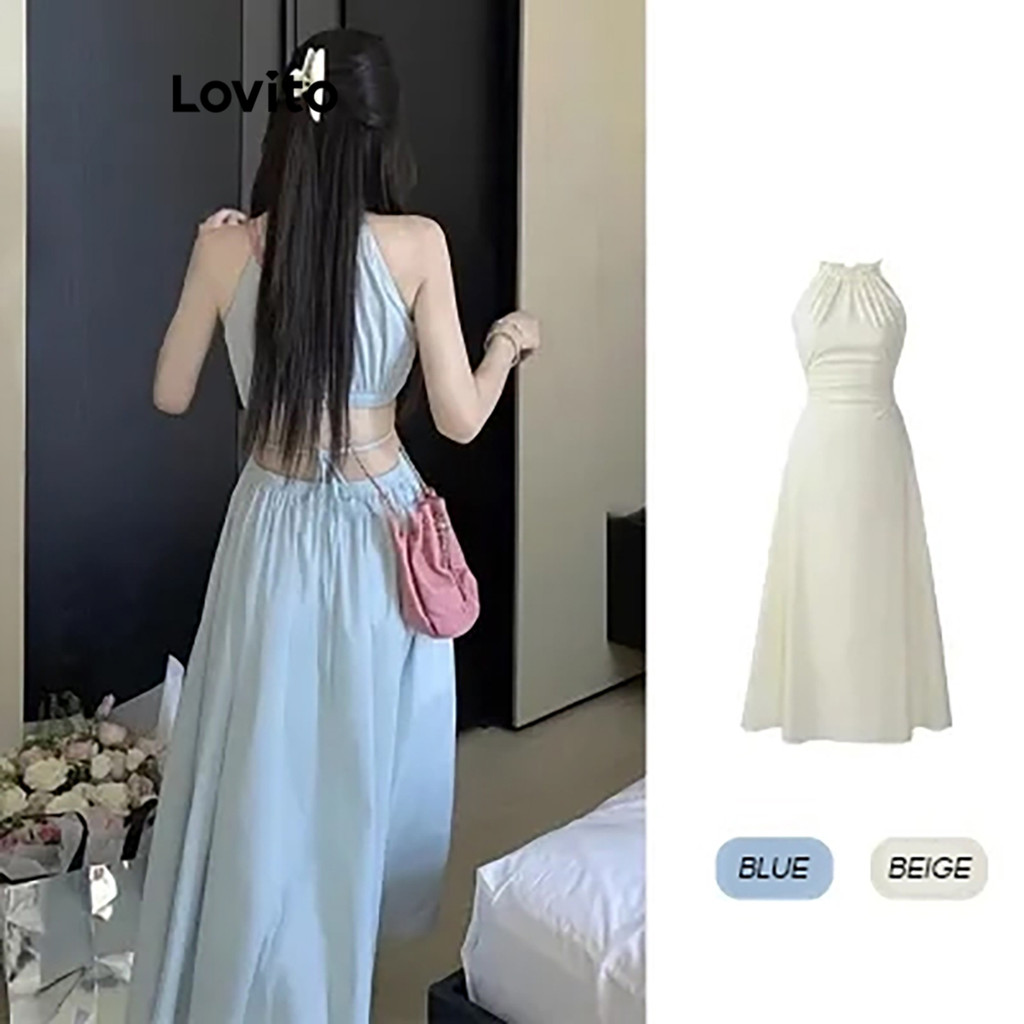 Lovito ชุดเดรสผู้หญิง เว้าหลัง สีพื้น สไตล์ลำลอง LNE52326