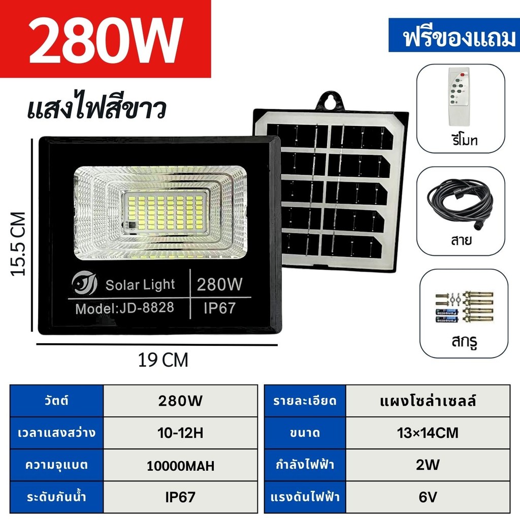 ⚡️ถูกที่สุด⚡️ Spotlight ไฟโซล่าเซลล์ กันน้ำกลางแจ้ง ป้องกันฟ้าผ่า สว่างอัตโนมัติเมื่อฟ้ามืด  LED แสงสีขาว 280W/480W