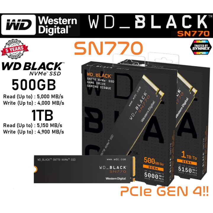 SSD WD BLACK SN770 NVMe - PCIe 4/NVMe M.2 2280 / 500GB / 1TB (WDS500G3X0E / WDS100T3X0E)