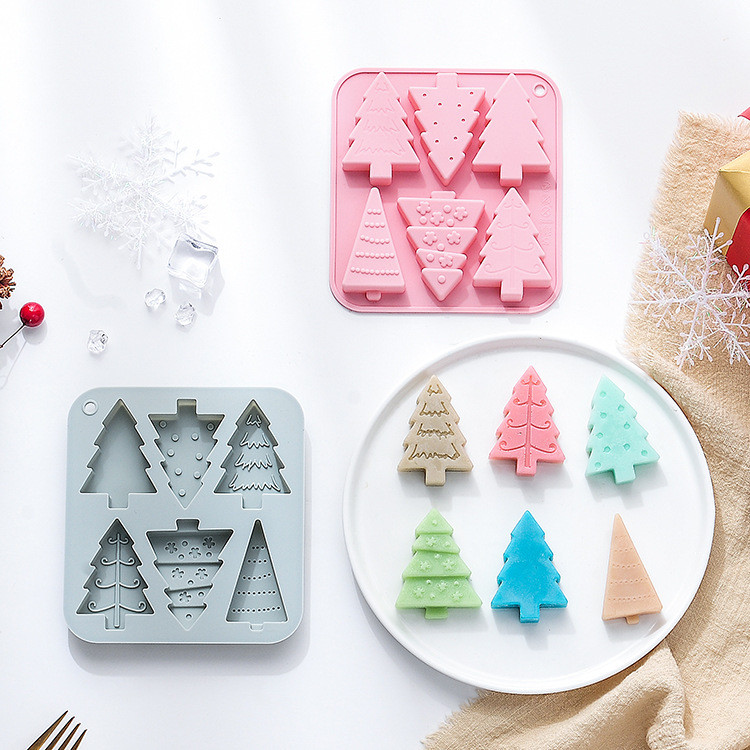 6-cavity Christmas Tree Modeling แม่พิมพ์ซิลิโคนธีมคริสต์มาสแม่พิมพ์มูสเค้กแม่พิมพ์ช็อคโกแลตสบู่แฮนด์เมดแม่พิมพ์ DIY Baking Mold