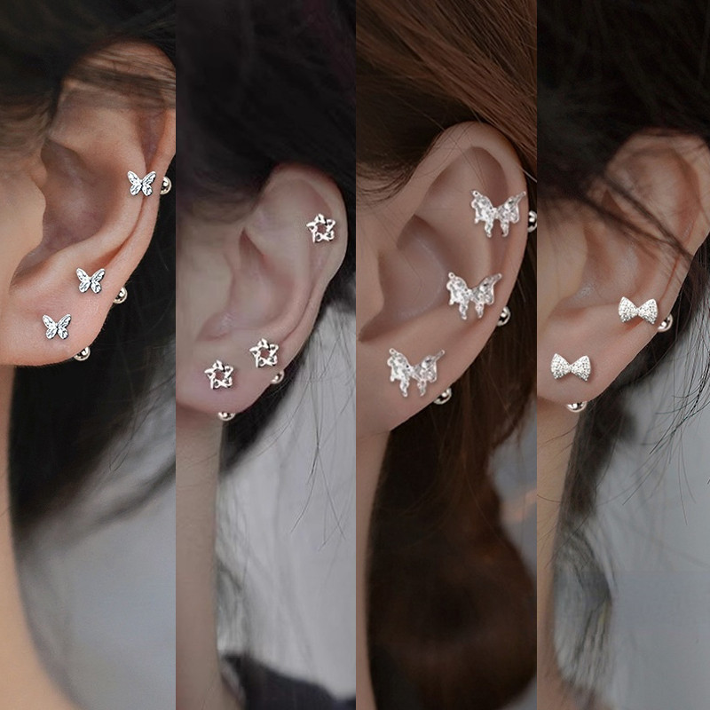 4 รูปแบบผีเสื้อ Bowknot S925 เงินสเตอร์ลิงเล็บ Twist สกรู PIercing หู Studs ต่างหู