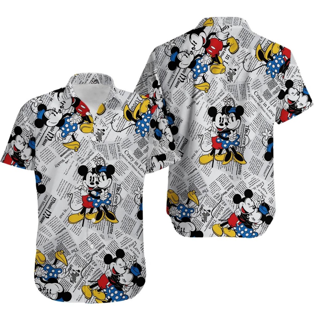 Miniso Mickey Minnie หนังสือการ์ตูนเสื้อฮาวาย Mens Women Casual Short Sleeve Disney Shirt Fashion Be