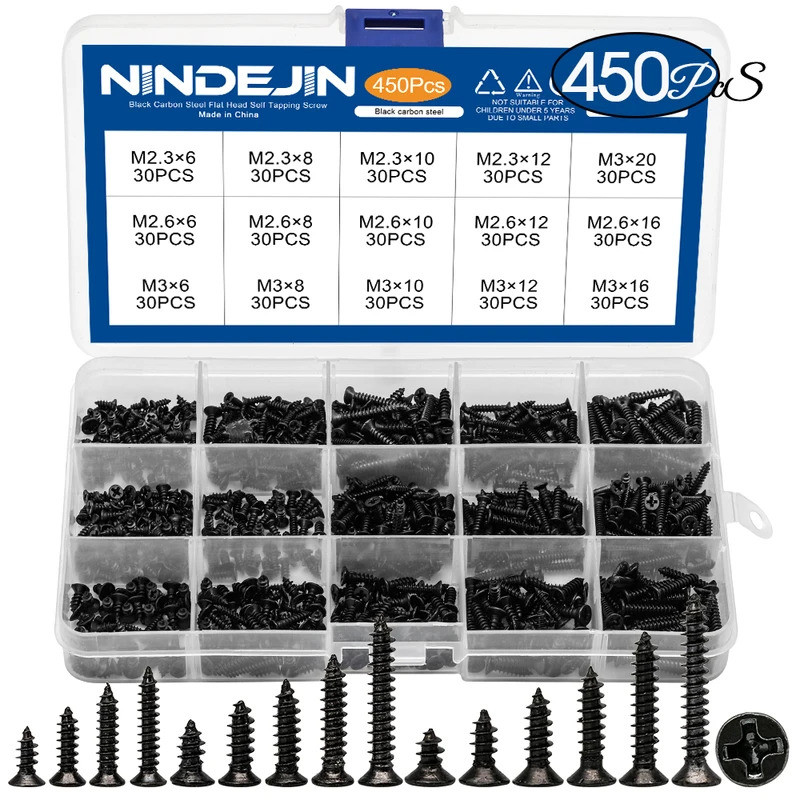 450/1200pcs Cross Flat Head Tapping Screws Kit M1.2 M1.4 M1.5 M1.7 M2 M2.3 M2.6 M3 Carbon Steel Blac