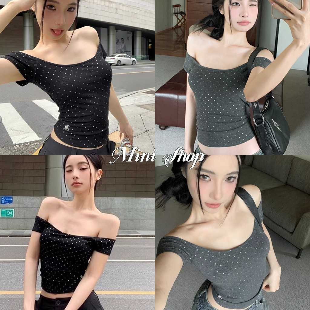 Mini shop🌸พร้อมส่ง🌸(FY134)เสื้อยืด ปาด​ไหล่ แขนสั้น รัดรูป ติดเพชรสะท้านแสงทั้งตัว แต่งตัวง่าย ชิลชิล  ดีไซน์เรียบง่าย