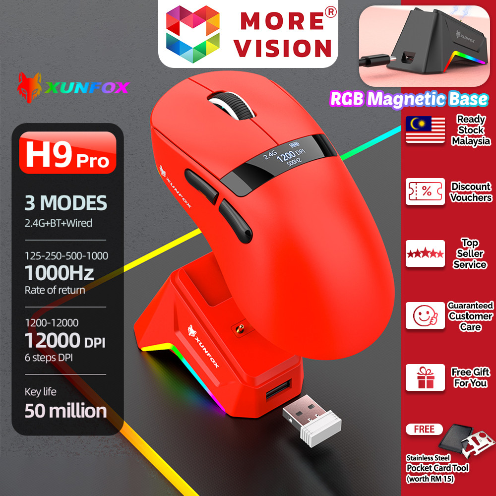 XUNFOX H9/H9 PRO Wireless Mouse Tri-mode 2.4G Bluetooth USB Cable PAW3311 Gaming PC Laptop Mice Magn