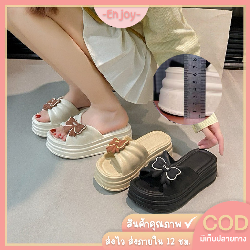 🍓EnJoy🍓พร้อมส่ง (LT-6988) รองเท้าแฟชั่นสำหรับผู้หญิง ดีไซน์ประดับโบว์ พื้นหนา เพิ่มความสูง วัสดุนิ่มใส่สบาย