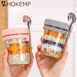 HOKEMP 350ML Glass Overnight Oats Jar Airtight Container with Spoon Measurement Marks Breakfast Cup