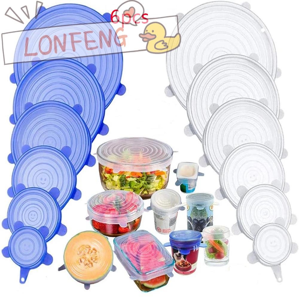 LONFENG 6 ชิ้น ฝาครอบเก็บสด, อุปกรณ์ครัวยืด ฝาปิดซิลิโคน, ฝาปิดชามกันลื่นแบบใช้ซ้ําได้