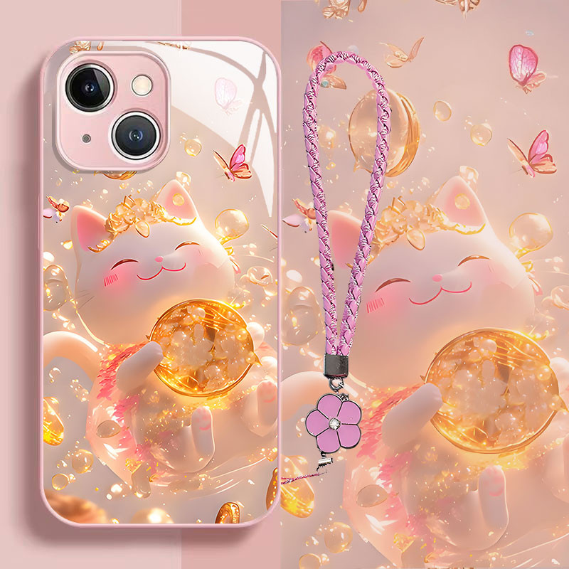 เหมาะสําหรับเคสโทรศัพท์ iPhone 11/12/13/14PLUS/15/16pro max/xr/xs max เคสแข็ง เคสกระจกระดับไฮเอนด์มีสไตล์ ดีไซน์แมวมั่งคั่งน่ารัก ป้องกันการตก กันกระแทก