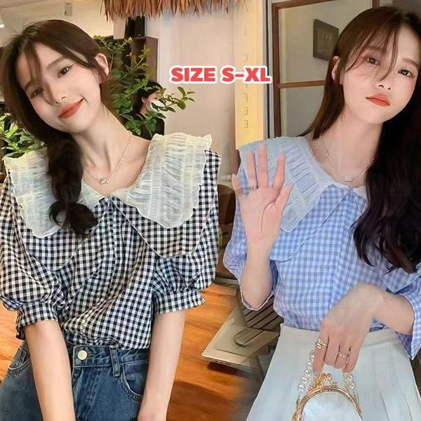 mimi&didi#เ#เสื้อเชิ้ตคอตุ๊กตาลายสก็อตหวานสไตล์ฝรั่งเศสสำหรับผู้หญิง เสื้อตัวบนไฮเอนด์และเก๋ไก๋น่ารักๆ ผู้หญิง#99119