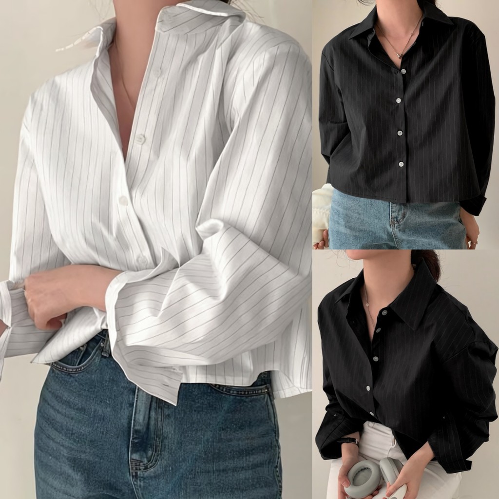 พร้อมส่ง   เสื้อเชิ้ตแขนยาว คอปก ลายทางตรง สีคลุมโทน เหมาะทุกเพศทุกวัย (กระดุมขาว)