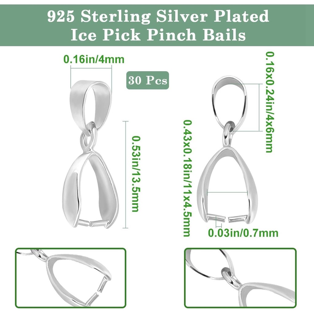 Beebeecraft 30Pcs 925 Sterling Silver Plated Pinch Clip Bail Clasp Ice Pick Pinch Bails for Pendants